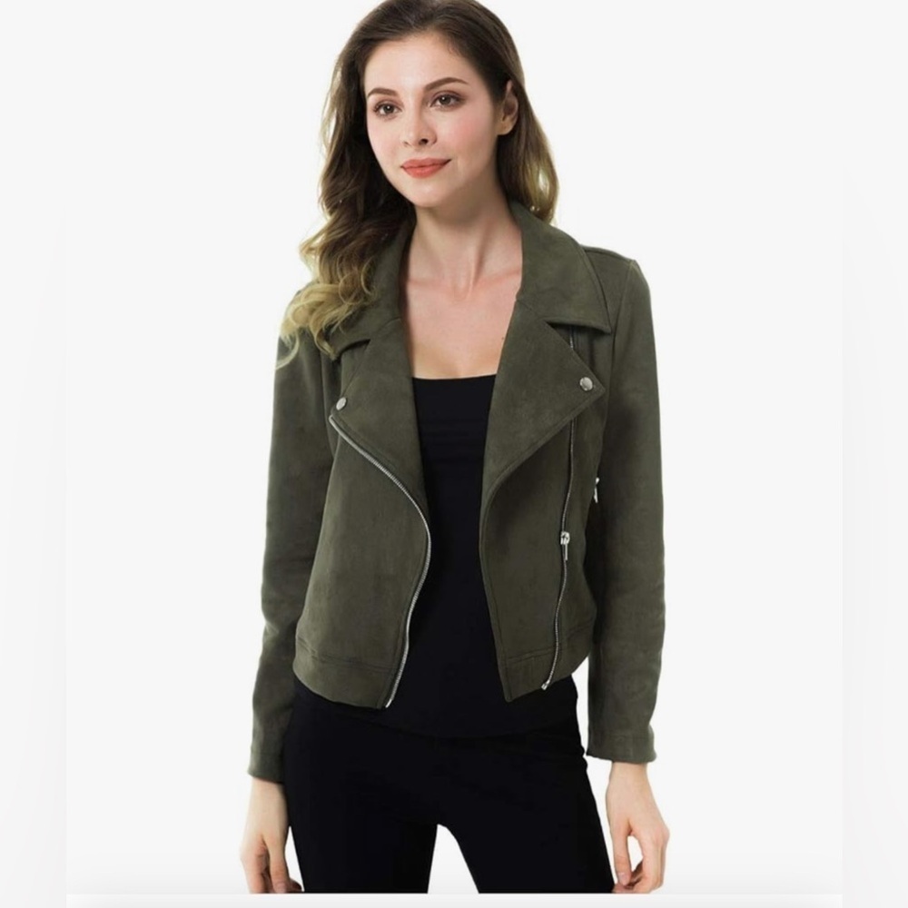 Appleloth A | Solid Long Sleeve Green Faux Suede Motorcycle Jackets, Size M